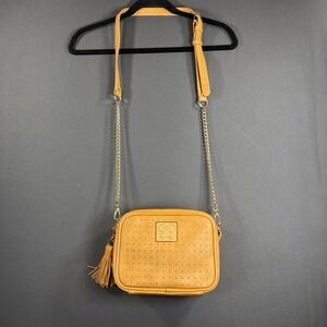 Itzy Ritzy Mustard Yellow Studded Crossbody Bag Tassel Camera Bag Gold Chain